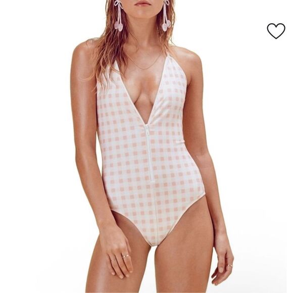 For Love And Lemons Bonnie One Piece Swimsuit Zip Up Small Pink Gingham Halter S - Picture 1 of 16